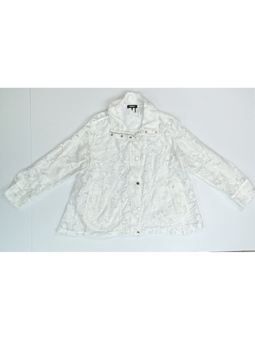 DKNY Botanical Gardens White Floral Lace Jacket M Sheer Trapeze Swing Burnout